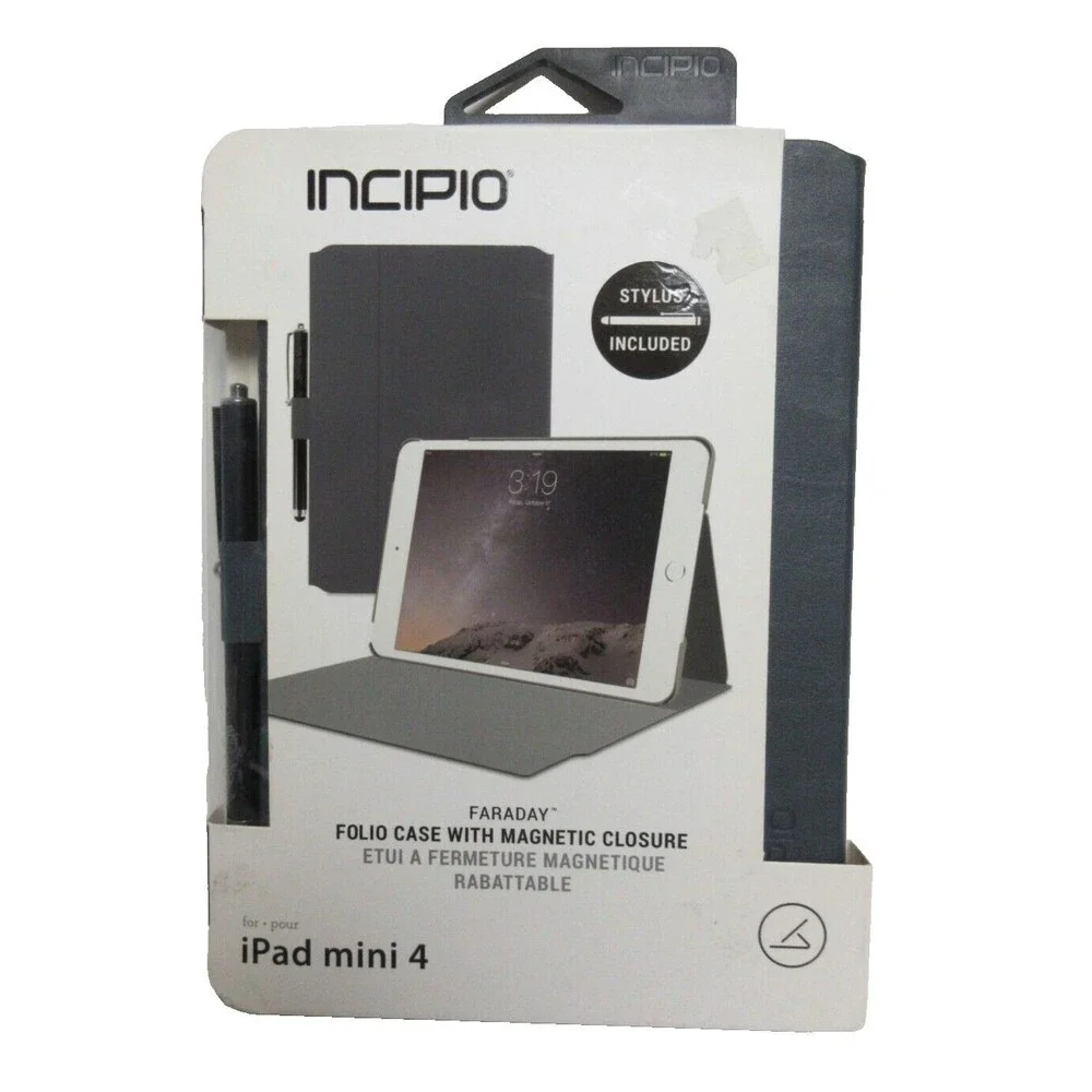 Incipio Faraday Navy Leather Case i pad mini 4 Gray Magnetic Closure W/Stylus